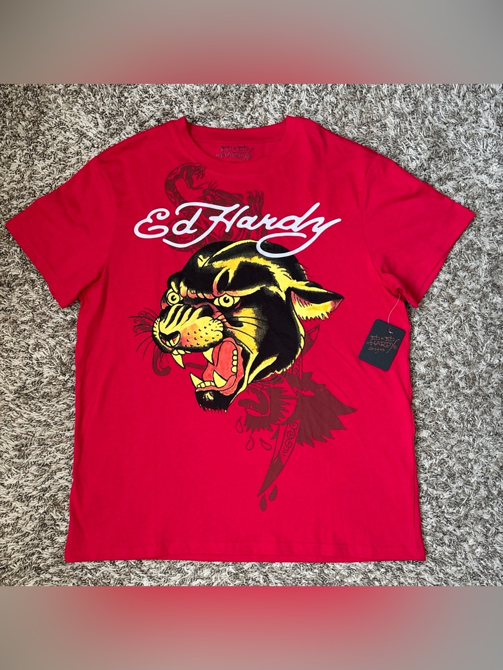 Ed Hardy Red Tee with Yellow & Black Panther Graphic